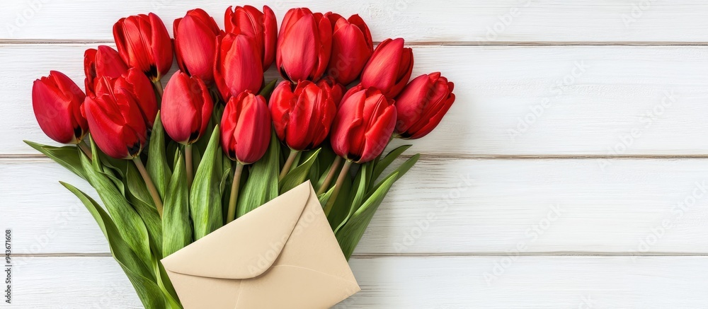 Aufkleber spring bouquet of red tulips and a card inside an envelope on a white wooden surface with copyspace 