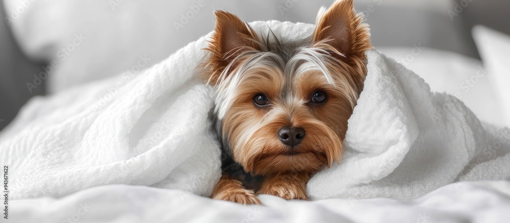 Poster small yorkshire terrier dog under a white blanket on the bed. with copy space image. place for addin
