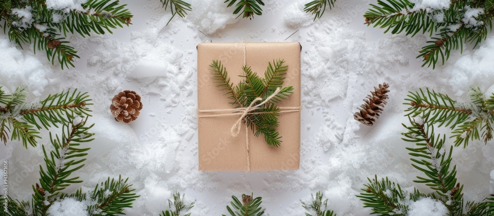 Poster kraft paper box and fir branch on the snow. with copy space image. Place for adding text or design