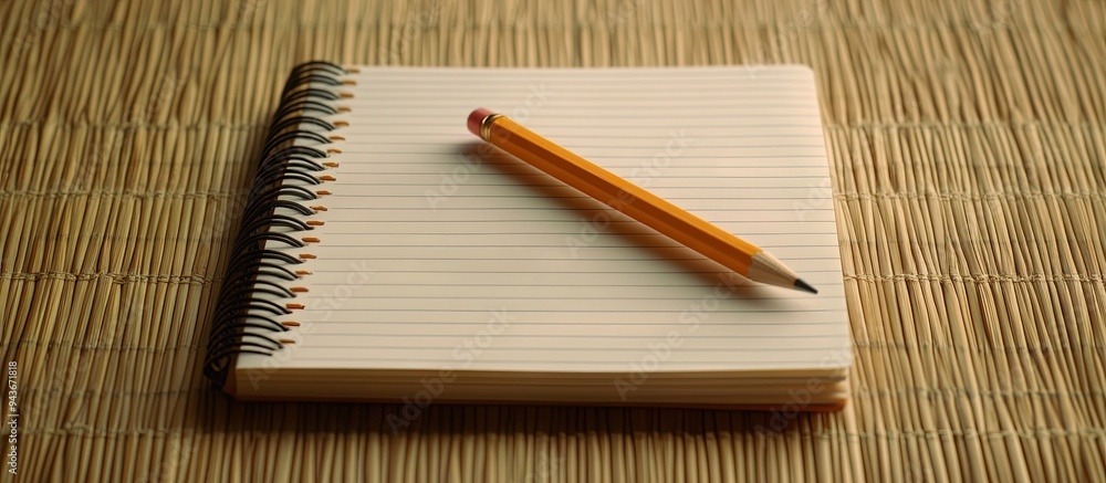 Poster Close up of a notebook with a pencil on a bamboo surface. with copy space image. Place for adding text or design