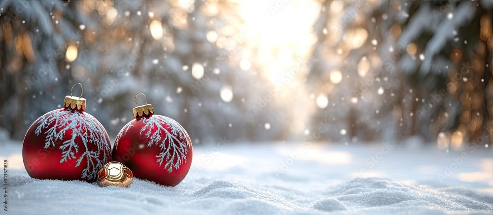 Aufkleber Beautiful Christmas ornaments set against a snowy forest designed for a banner Space for text. with copy space image. Place for adding text or design