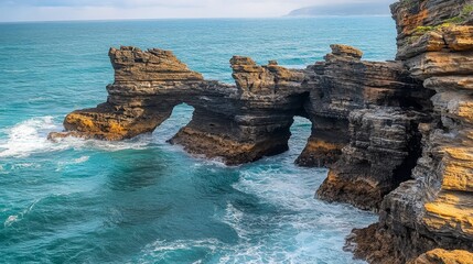 The ocean is calm and the rocks are jagged