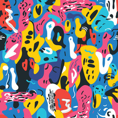Colorful abstract doodle shape seamless pattern. Creative minimalist style art background, trendy design with basic shapes.