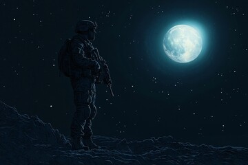 Fototapeta premium Silhouetted Soldier Under a Full Moon in a Night Sky