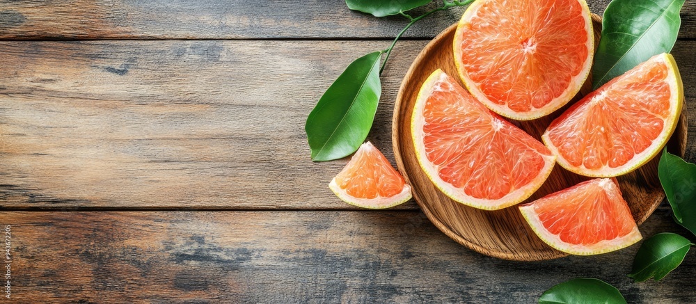 Poster plate and bowls containing fresh pomelo fruits on a wooden surface. with copy space image. place for