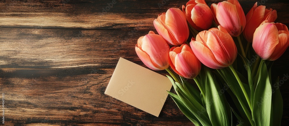 Aufkleber Fresh tulips and a greeting card on a wooden table background. with copy space image. Place for adding text or design