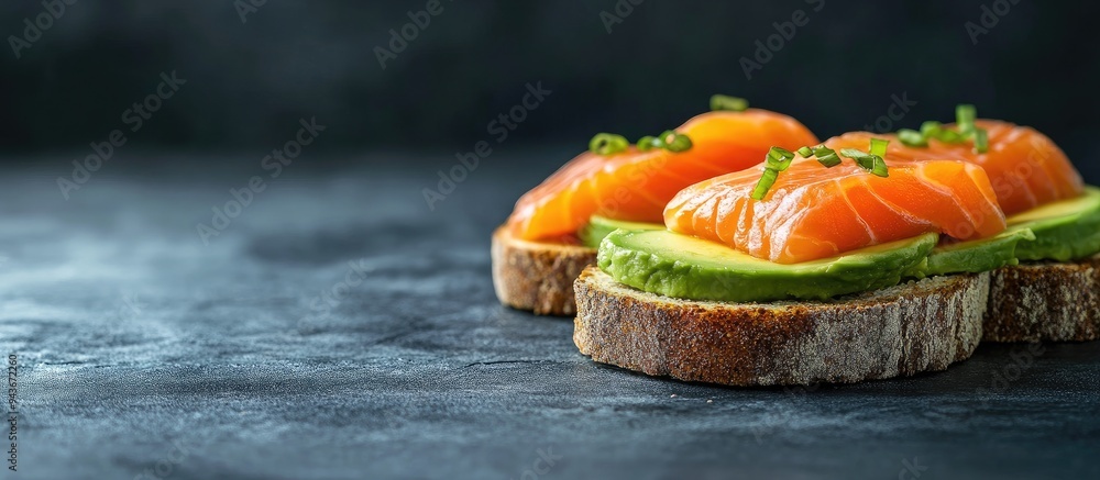 Fototapete toast with avocado and fresh salmon. with copy space image. Place for adding text or design