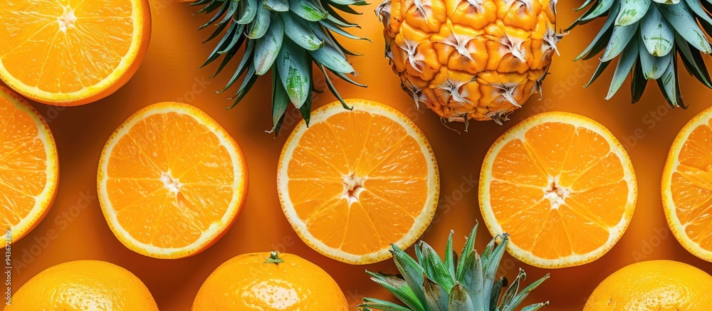 Poster Golden pineapple on an orange background viewed from above with space for text Creative concept. with copy space image. Place for adding text or design
