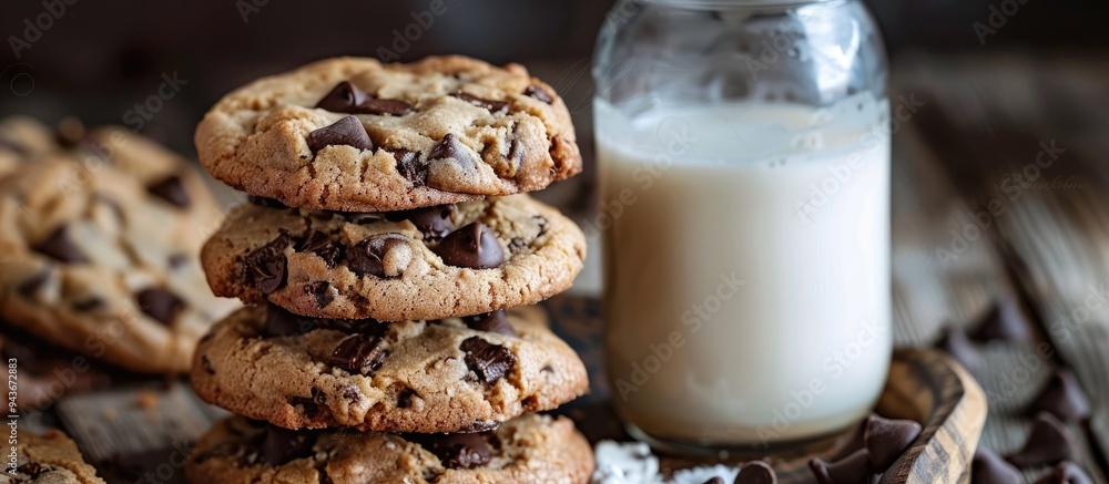 Poster cookies with chocolate chips and milk. with copy space image. place for adding text or design