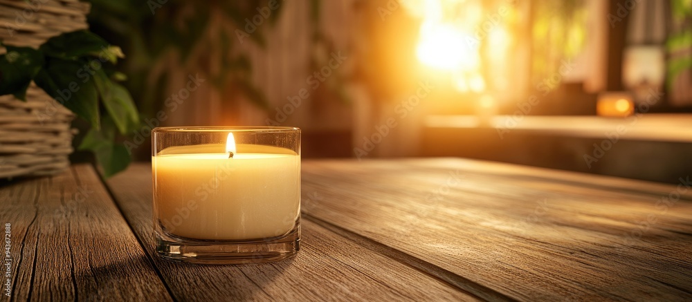 Poster Close up of a spa candle on a wooden surface. with copy space image. Place for adding text or design