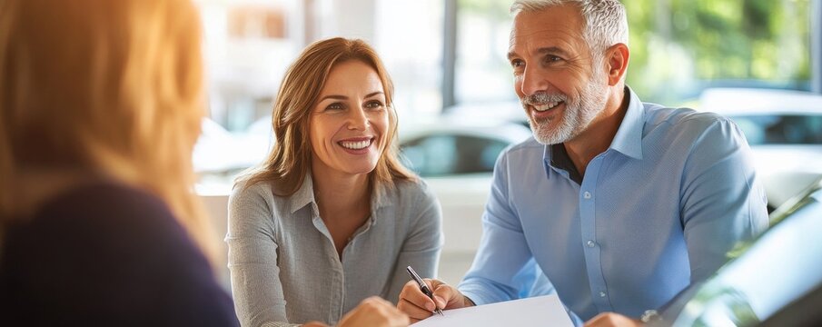 Happy couple sitting with car sales representative discussing vehicle purchase in a bright dealership showroom