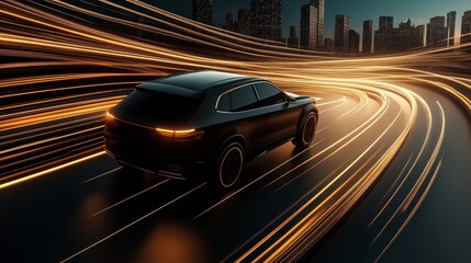 A black car is driving down a road with a bright orange glow