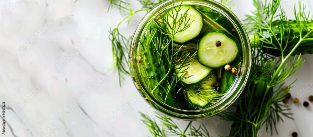 Poster Glass jar containing fresh cucumbers and dill for pickling vegetables set against a white background Top view close up copyspace