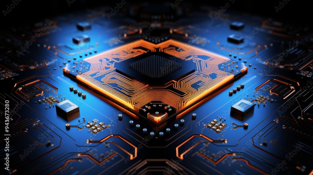 Poster futuristic quantum computer circuit board design with orange wave flow on dark blue background