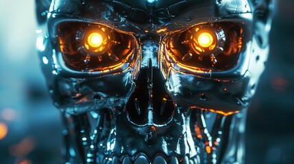 Stunning view of a metal robot skull with red glowing eyes. Close-up