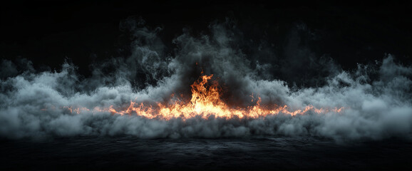 Fototapeta premium Black background, horror style, combination with blame and blue smoke