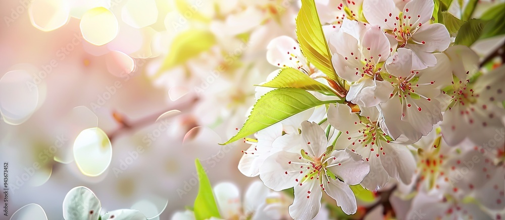 Poster abstract background flowering cherry tree white flowers. with copy space image. place for adding tex