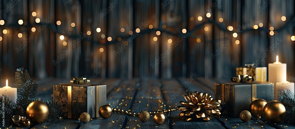 Poster christmas backdrop featuring gift boxes golden balls and decorations on a wooden surface new year te