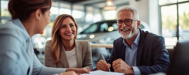 Happy couple consulting with car salesperson in dealership, discussing vehicle options, and smiling with confidence
