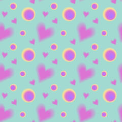 Seamless pattern y2k aura. Blurred heart, butterfly and stars with aura in trendy style y2k on green background. © Elena