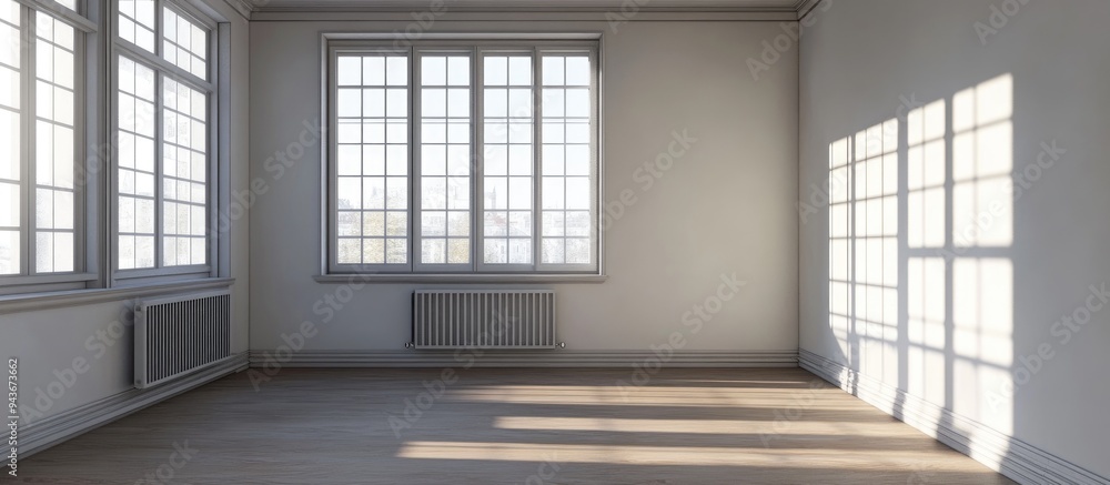 Aufkleber Vacant room with windows and a radiator in natural light. with copy space image. Place for adding text or design