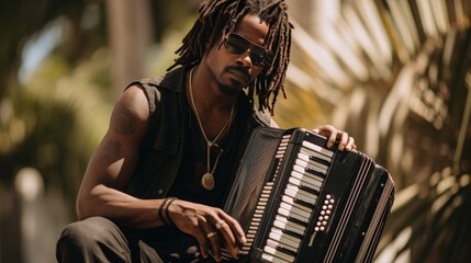 Accordionist playing by palm tree  dark skinned man musical performance outdoors