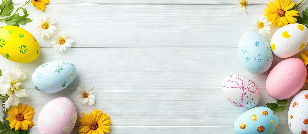 Poster close up of vibrant easter eggs surrounded by flowers on a white wooden table. with copy space image