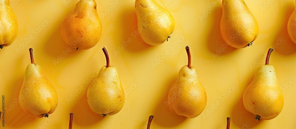 Poster yellow pears pattern close up of a pear against a yellow background autumn fruit idea featuring ripe