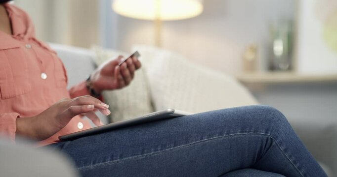 Woman, credit card and hands with tablet in home for online shopping, payment or fintech password. Closeup, digital promo or investment of sales, savings or finance of ecommerce, discount code or app