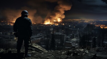 Military officer observing the devastation of a city at night, seen from behind in a poignant moment