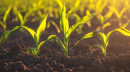 Close-up of vibrant green corn plants sprouting in rich soil at sunrise.