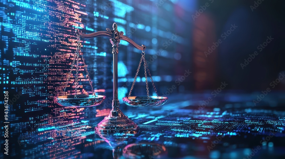 Poster the digital scales of justice against the backdrop of data and code symbolize the rule of law in the