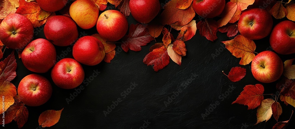 Leinwandbilder apples and fall leaves on a black background. with copy space image. place for adding text or design
