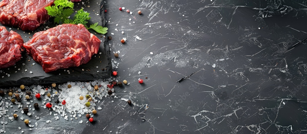 Poster fresh minced meat accompanied by cooking ingredients on a dark slate stone or concrete background to