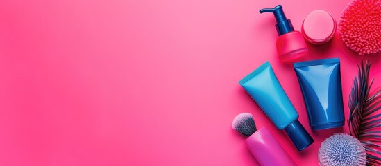 Various vibrant beauty products on a bright pink background Selective focus. with copy space image. Place for adding text or design