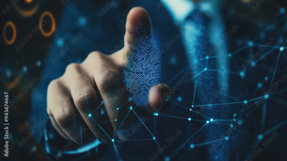 Poster secure access to the network is achieved through fingerprint scanning by a businessman