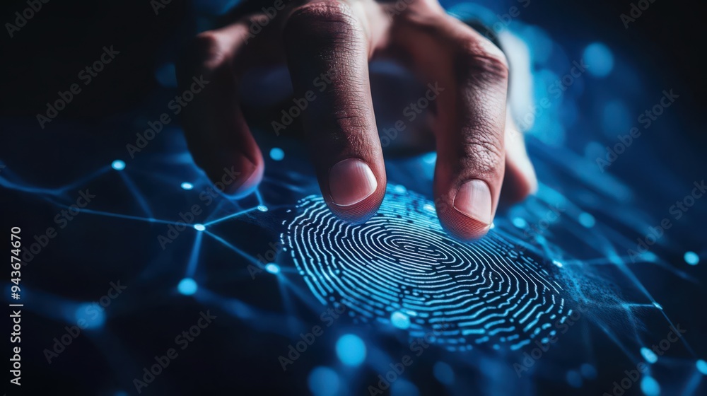 Poster secure access to the network is achieved through fingerprint scanning by a businessman