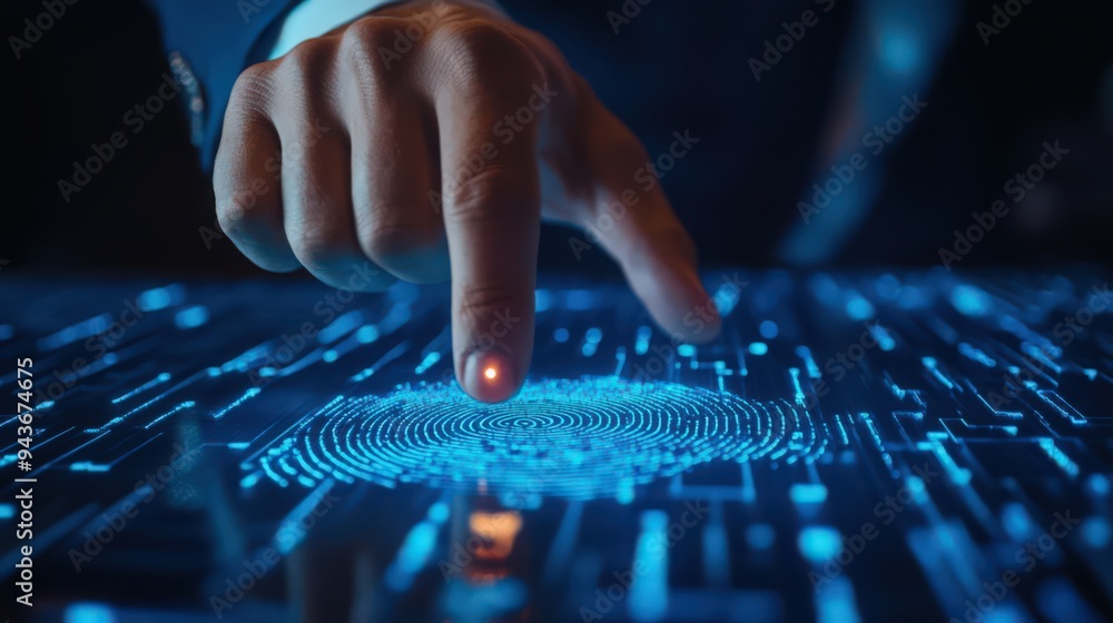 Poster secure network access is achieved through fingerprint scanning by a businessman, protecting sensitiv