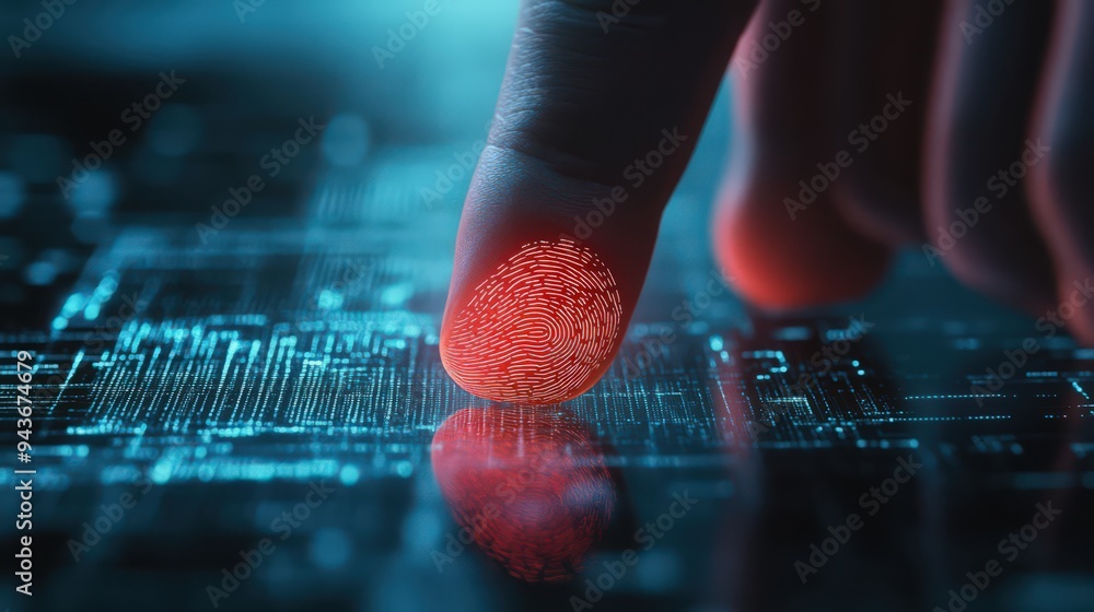 Poster secure network access is achieved through fingerprint scanning by a businessman, protecting sensitiv
