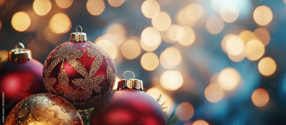 Aufkleber christmas ornaments against a bokeh lights backdrop. with copy space image. place for adding text or