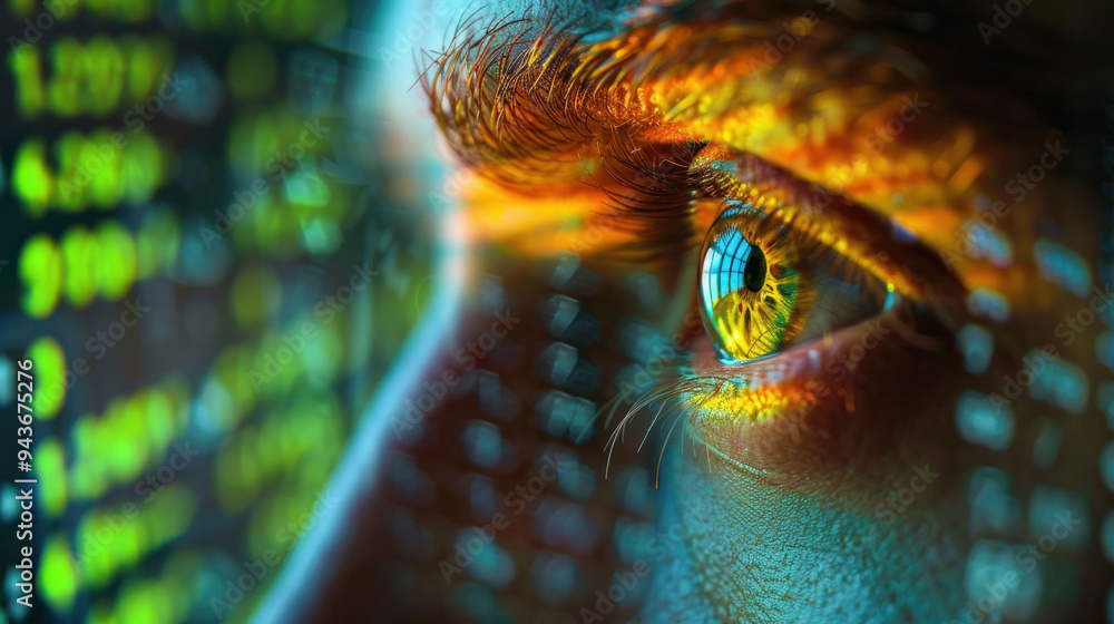 Poster Intense Focus: Close-up of a Stock Trader's Eye with Neon Financial Data Overlay for Analysis and Decision Making