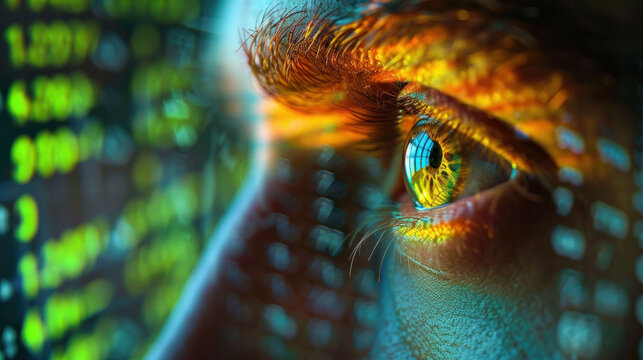 Intense Focus: Close-up of a Stock Trader's Eye with Neon Financial Data Overlay for Analysis and Decision Making
