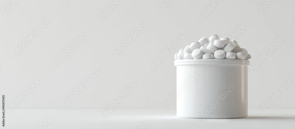 Poster white tablets in a container on a white background. with copy space image. Place for adding text or design