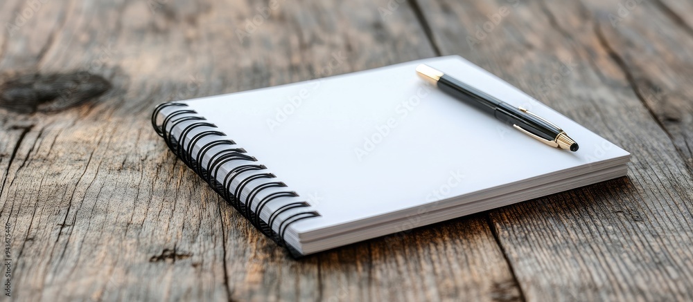 Poster Conceptual Open Spiral Graphing Notebook and Pen on a Brown Wooden Table with Copyspace for Text