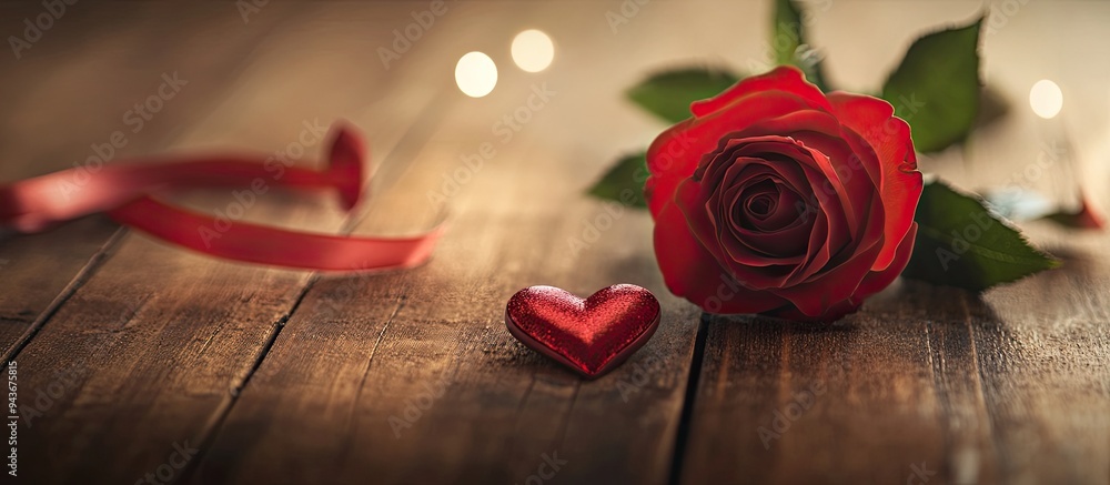 Aufkleber valentine s day sale backdrop featuring a red rose with a ribbon and a heart on a brown wooden table