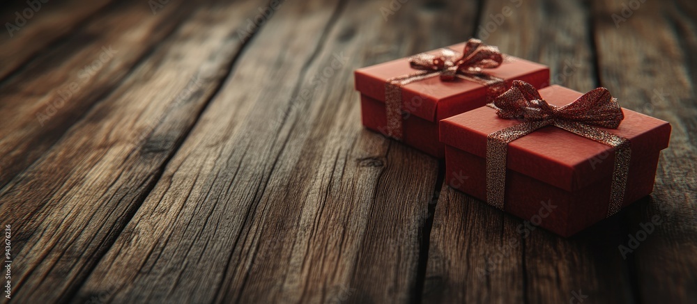 Poster gift boxes atop a wooden surface. with copy space image. Place for adding text or design