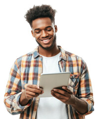 PNG Smiling man using digital tablet