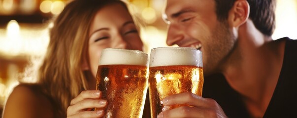 Close-up of a happy couple toasting with frosty beer glasses in a warm, cheerful atmosphere at a bar. Perfect for celebrating friendship and relaxation.