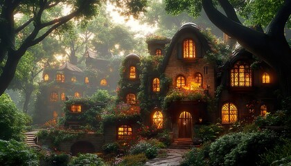 Obraz premium Splendid city covered with green trees and plant. Digital art . , no texte, no titre in picture ,cinematic lighting, design stage design,