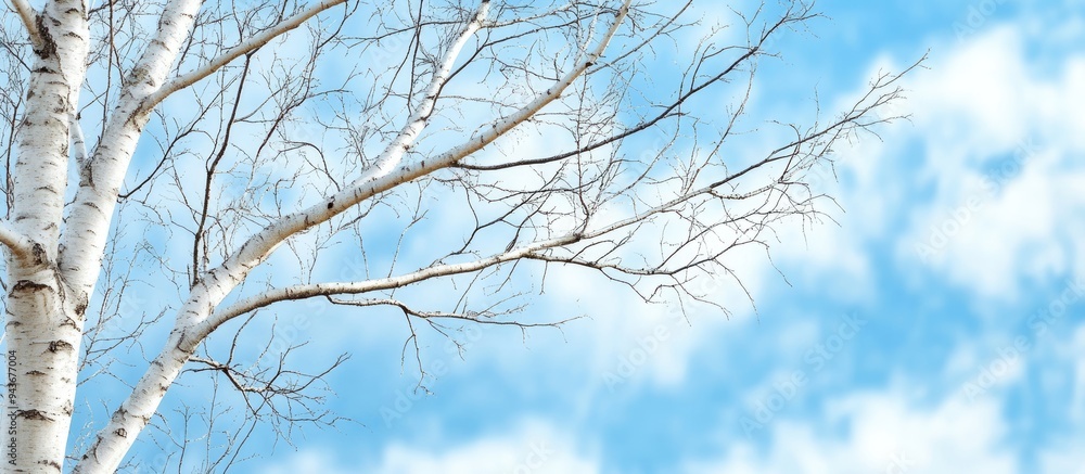 Poster Bare thin branches of a birch tree set against a blue cloudy sky Background featuring copy space